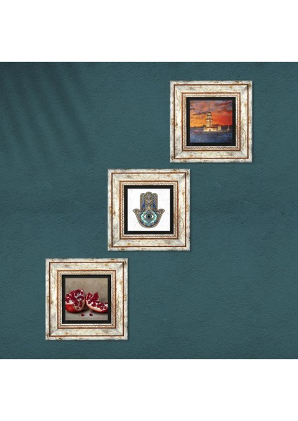 İstanbul Kız Kulesi, Nar, Fatma Ana Eli (Hamsa) Taş Duvar Tablosu Çerçeveli Duvar Dekoru 3 Parça Tablo Seti Wall Art T3-723