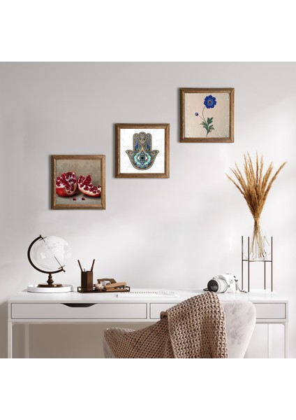 Ebru Sanatı, Nar, Fatma Ana Eli (Hamsa) Taş Duvar Tablosu Ahşap Çerçeveli Duvar Dekoru 3 Parça Tablo Seti Wall Art W3-738
