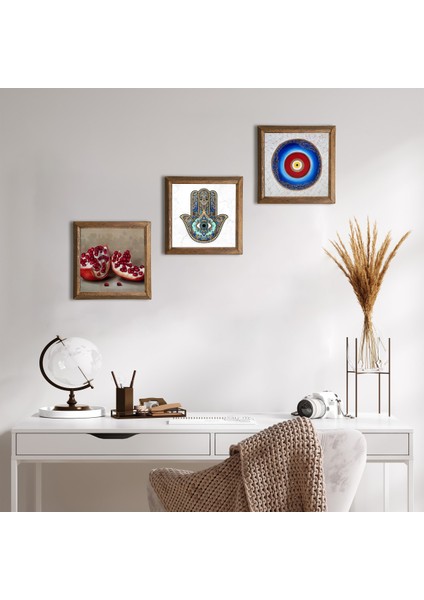 Nazar, Nar, Fatma Ana Eli (Hamsa) Taş Duvar Tablosu Ahşap Çerçeveli Duvar Dekoru 3 Parça Tablo Seti Wall Art W3-761
