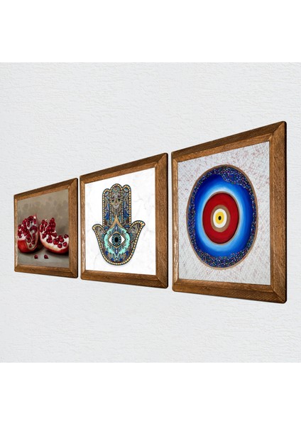 Nazar, Nar, Fatma Ana Eli (Hamsa) Taş Duvar Tablosu Ahşap Çerçeveli Duvar Dekoru 3 Parça Tablo Seti Wall Art W3-761 fiyatları