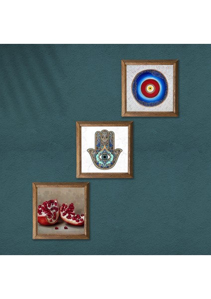 Nazar, Nar, Fatma Ana Eli (Hamsa) Taş Duvar Tablosu Ahşap Çerçeveli Duvar Dekoru 3 Parça Tablo Seti Wall Art W3-761 modelleri