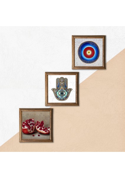 Nazar, Nar, Fatma Ana Eli (Hamsa) Taş Duvar Tablosu Ahşap Çerçeveli Duvar Dekoru 3 Parça Tablo Seti Wall Art W3-761 indirimleri