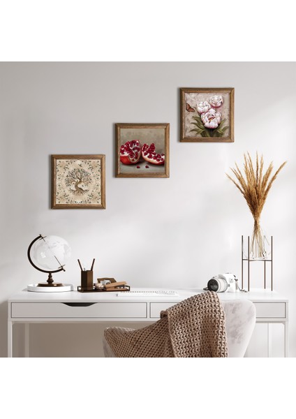 Kelebekli Çiçek, Hayat Ağacı, Nar Taş Duvar Tablosu Ahşap Çerçeveli Duvar Dekoru 3 Parça Tablo Seti Wall Art W3-900