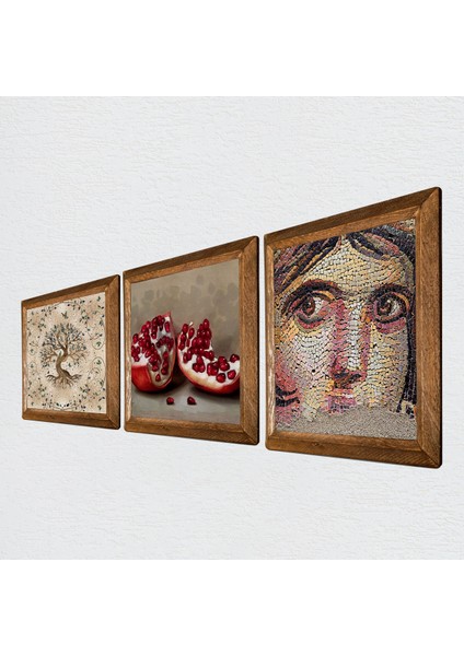 Çingene Kızı Mozaiği, Hayat Ağacı, Nar Taş Duvar Tablosu Ahşap Çerçeveli Duvar Dekoru 3 Parça Tablo Seti Wall Art W3-906 fiyatları
