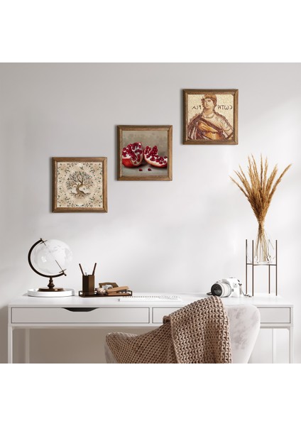 Stone Soteria Mozaiği, Hayat Ağacı, Nar Ahşap Çerçeveli Taş Duvar Tablosu 3’lü Set – 25x25 cm Dekoratif Modern Sanat – Ev ve Ofis Dekoru |W3-908|