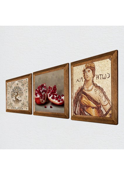 Stone Soteria Mozaiği, Hayat Ağacı, Nar Ahşap Çerçeveli Taş Duvar Tablosu 3’lü Set – 25x25 cm Dekoratif Modern Sanat – Ev ve Ofis Dekoru |W3-908| fiyatları