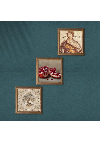 Stone Soteria Mozaiği, Hayat Ağacı, Nar Ahşap Çerçeveli Taş Duvar Tablosu 3’lü Set – 25x25 cm Dekoratif Modern Sanat – Ev ve Ofis Dekoru |W3-908| modelleri