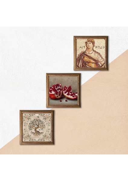 Stone Soteria Mozaiği, Hayat Ağacı, Nar Ahşap Çerçeveli Taş Duvar Tablosu 3’lü Set – 25x25 cm Dekoratif Modern Sanat – Ev ve Ofis Dekoru |W3-908| indirimleri