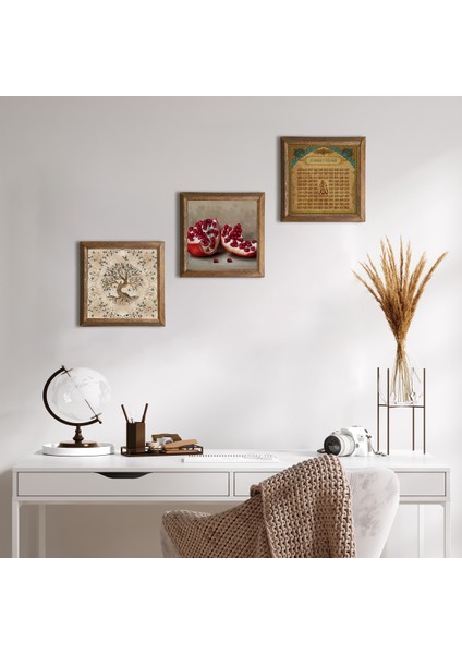 Esma'ül Hüsna, Hayat Ağacı, Nar Taş Duvar Tablosu Ahşap Çerçeveli Duvar Dekoru 3 Parça Tablo Seti Wall Art W3-911