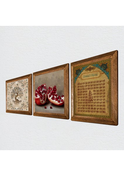Esma'ül Hüsna, Hayat Ağacı, Nar Taş Duvar Tablosu Ahşap Çerçeveli Duvar Dekoru 3 Parça Tablo Seti Wall Art W3-911 fiyatları