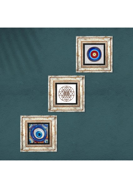Stone Nazar, Sri Yantra Çerçeveli Taş Duvar Tablosu 3’lü Set - Dekoratif Modern Sanat, Ev ve Ofis Dekoru |TK3-1969| fırsatları