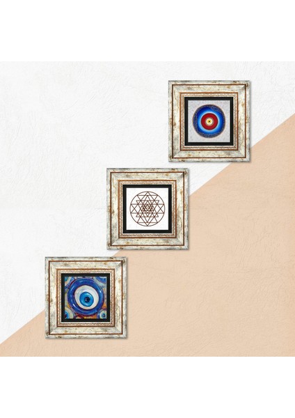 Stone Nazar, Sri Yantra Çerçeveli Taş Duvar Tablosu 3’lü Set - Dekoratif Modern Sanat, Ev ve Ofis Dekoru |TK3-1969| indirimleri