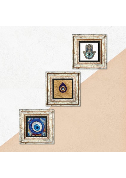 Stone Nazar, Fatma Ana Eli (Hamsa) Çerçeveli Taş Duvar Tablosu 3’lü Set - Dekoratif Modern Sanat, Ev ve Ofis Dekoru |TK3-1997| indirimleri