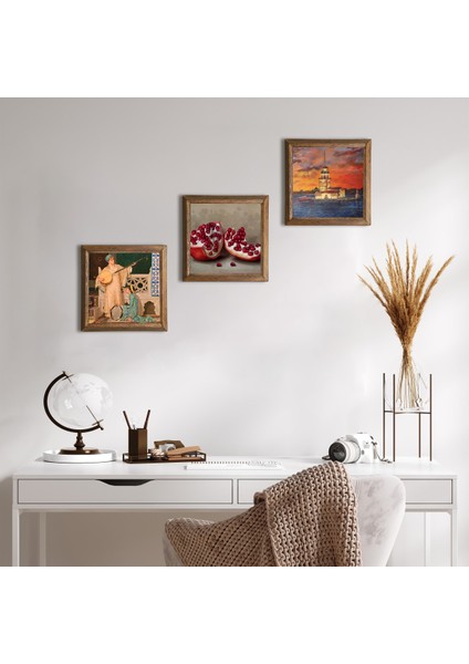İstanbul Kız Kulesi, İki Müzisyen Kız Tablosu, Nar Taş Duvar Tablosu Ahşap Çerçeveli Duvar Dekoru 3 Parça Tablo Seti Wall Art W3-1475