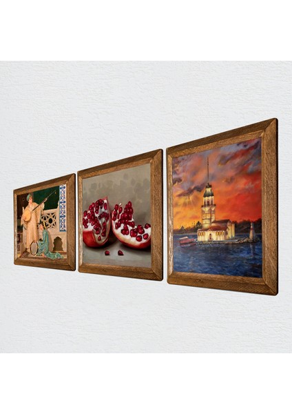 İstanbul Kız Kulesi, İki Müzisyen Kız Tablosu, Nar Taş Duvar Tablosu Ahşap Çerçeveli Duvar Dekoru 3 Parça Tablo Seti Wall Art W3-1475