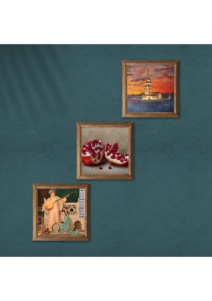 İstanbul Kız Kulesi, İki Müzisyen Kız Tablosu, Nar Taş Duvar Tablosu Ahşap Çerçeveli Duvar Dekoru 3 Parça Tablo Seti Wall Art W3-1475