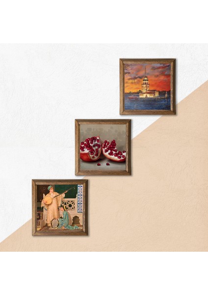 İstanbul Kız Kulesi, İki Müzisyen Kız Tablosu, Nar Taş Duvar Tablosu Ahşap Çerçeveli Duvar Dekoru 3 Parça Tablo Seti Wall Art W3-1475