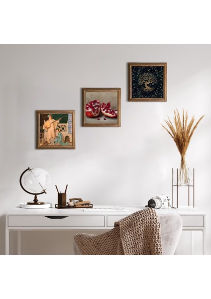 Hayat Ağacı, İki Müzisyen Kız Tablosu, Nar Taş Duvar Tablosu Ahşap Çerçeveli Duvar Dekoru 3 Parça Tablo Seti Wall Art W3-1481