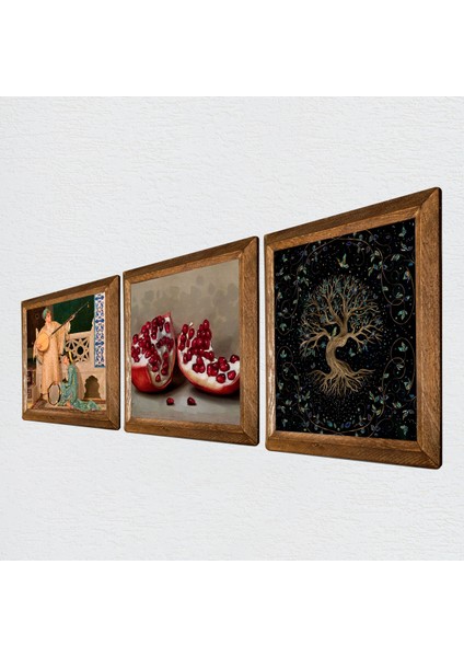 Hayat Ağacı, İki Müzisyen Kız Tablosu, Nar Taş Duvar Tablosu Ahşap Çerçeveli Duvar Dekoru 3 Parça Tablo Seti Wall Art W3-1481