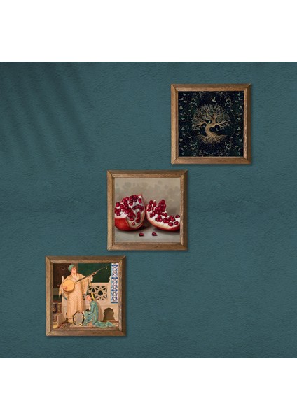 Hayat Ağacı, İki Müzisyen Kız Tablosu, Nar Taş Duvar Tablosu Ahşap Çerçeveli Duvar Dekoru 3 Parça Tablo Seti Wall Art W3-1481