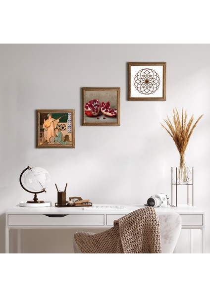 Yaşam Çiçeği, İki Müzisyen Kız Tablosu, Nar Taş Duvar Tablosu Ahşap Çerçeveli Duvar Dekoru 3 Parça Tablo Seti Wall Art W3-1485