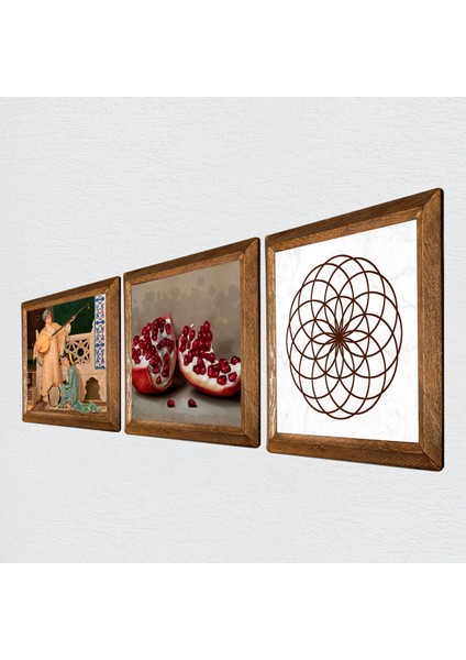 Yaşam Çiçeği, İki Müzisyen Kız Tablosu, Nar Taş Duvar Tablosu Ahşap Çerçeveli Duvar Dekoru 3 Parça Tablo Seti Wall Art W3-1485