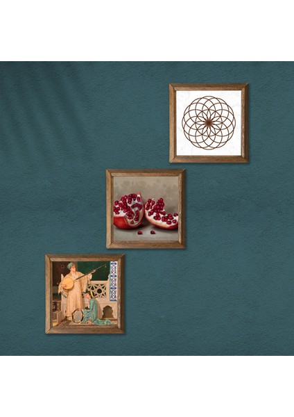 Yaşam Çiçeği, İki Müzisyen Kız Tablosu, Nar Taş Duvar Tablosu Ahşap Çerçeveli Duvar Dekoru 3 Parça Tablo Seti Wall Art W3-1485