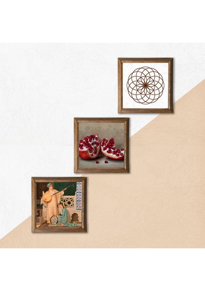 Yaşam Çiçeği, İki Müzisyen Kız Tablosu, Nar Taş Duvar Tablosu Ahşap Çerçeveli Duvar Dekoru 3 Parça Tablo Seti Wall Art W3-1485