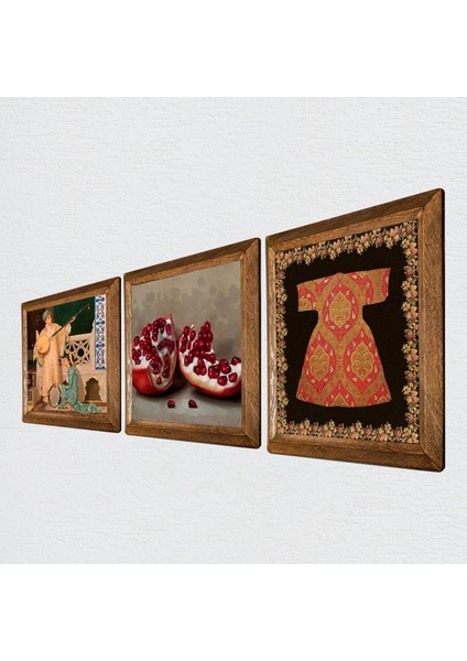 Hırka-i Şerif, İki Müzisyen Kız Tablosu, Nar Taş Duvar Tablosu Ahşap Çerçeveli Duvar Dekoru 3 Parça Tablo Seti Wall Art W3-1494