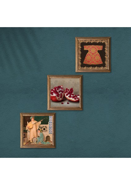 Hırka-i Şerif, İki Müzisyen Kız Tablosu, Nar Taş Duvar Tablosu Ahşap Çerçeveli Duvar Dekoru 3 Parça Tablo Seti Wall Art W3-1494