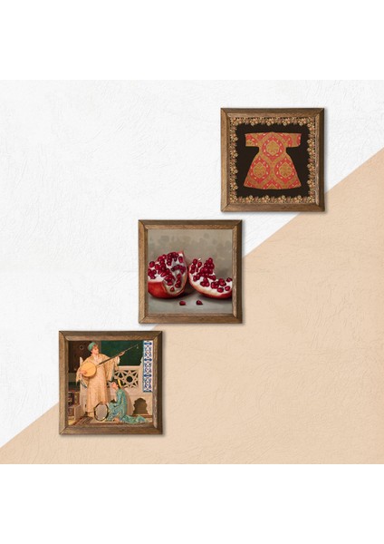 Hırka-i Şerif, İki Müzisyen Kız Tablosu, Nar Taş Duvar Tablosu Ahşap Çerçeveli Duvar Dekoru 3 Parça Tablo Seti Wall Art W3-1494