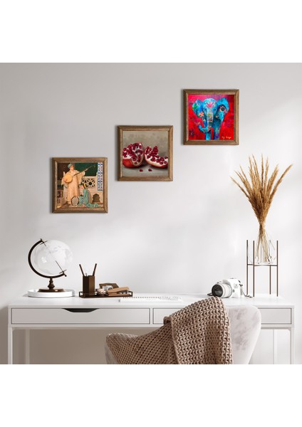 Fil, İki Müzisyen Kız Tablosu, Nar Taş Duvar Tablosu Ahşap Çerçeveli Duvar Dekoru 3 Parça Tablo Seti Wall Art W3-1495