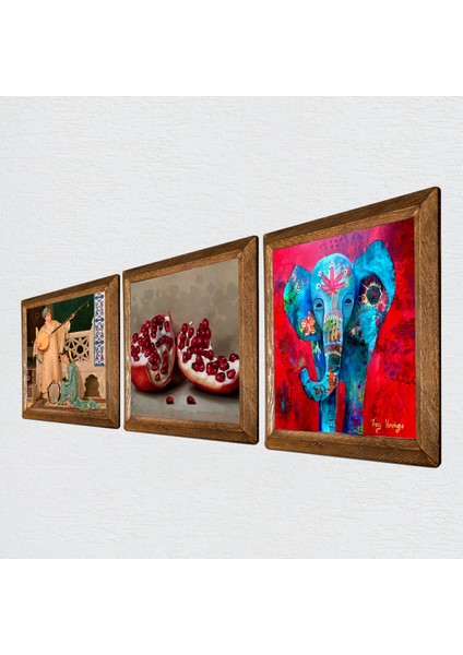 Fil, İki Müzisyen Kız Tablosu, Nar Taş Duvar Tablosu Ahşap Çerçeveli Duvar Dekoru 3 Parça Tablo Seti Wall Art W3-1495