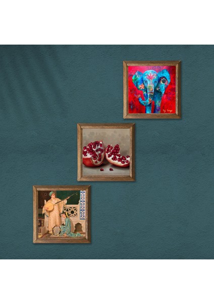 Fil, İki Müzisyen Kız Tablosu, Nar Taş Duvar Tablosu Ahşap Çerçeveli Duvar Dekoru 3 Parça Tablo Seti Wall Art W3-1495