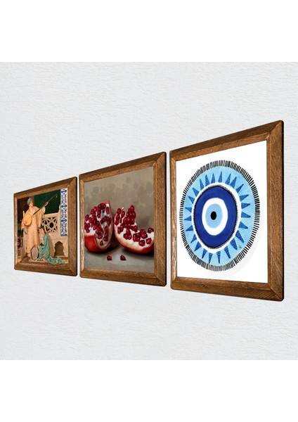 Nazar, İki Müzisyen Kız Tablosu, Nar Taş Duvar Tablosu Ahşap Çerçeveli Duvar Dekoru 3 Parça Tablo Seti Wall Art W3-1503