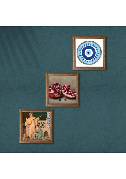 Nazar, İki Müzisyen Kız Tablosu, Nar Taş Duvar Tablosu Ahşap Çerçeveli Duvar Dekoru 3 Parça Tablo Seti Wall Art W3-1503