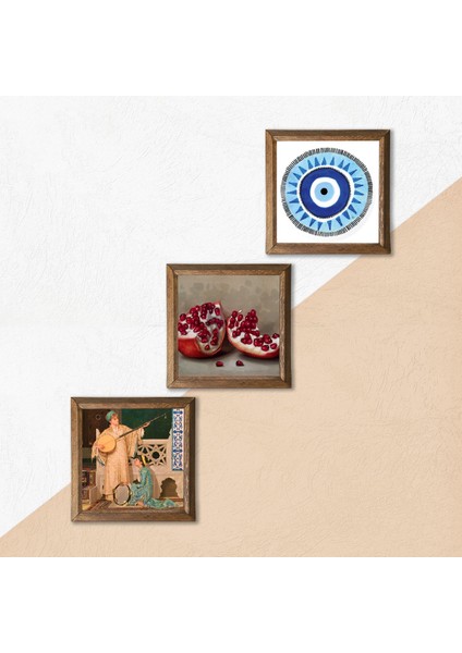 Nazar, İki Müzisyen Kız Tablosu, Nar Taş Duvar Tablosu Ahşap Çerçeveli Duvar Dekoru 3 Parça Tablo Seti Wall Art W3-1503