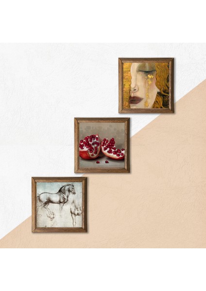 Gustav Klimt Altın Gözyaşları, Da Vinci At Heykeli, Nar Taş Duvar Tablosu Ahşap Çerçeveli Duvar Dekoru 3 Parça Tablo Seti Wall Art W3-1290