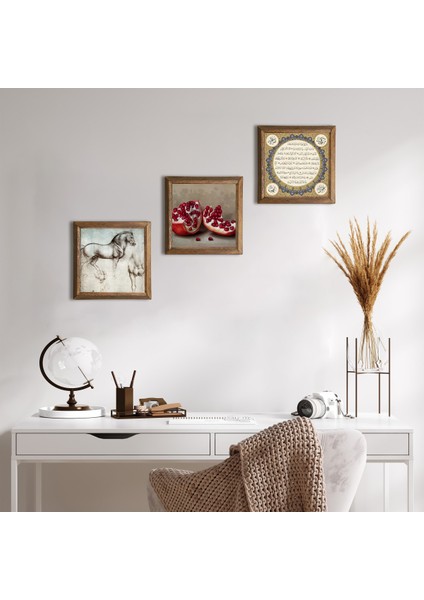 Hilye-i Şerif, Nar, At Taş Duvar Tablosu Ahşap Çerçeveli Duvar Dekoru 3 Parça Tablo Seti Wall Art W3-1292