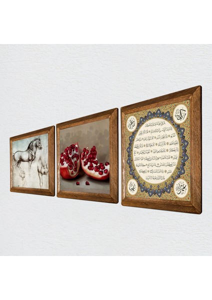 Hilye-i Şerif, Nar, At Taş Duvar Tablosu Ahşap Çerçeveli Duvar Dekoru 3 Parça Tablo Seti Wall Art W3-1292
