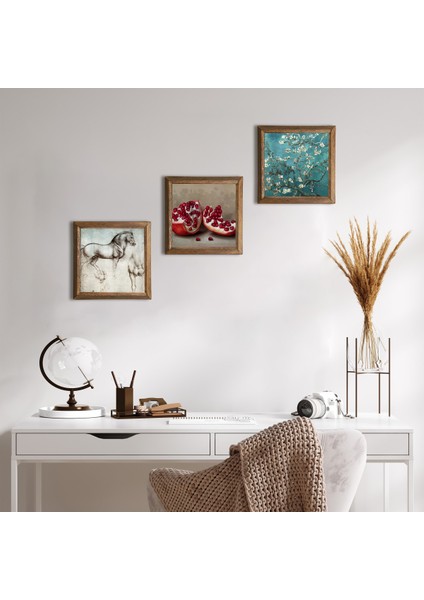 Van Gogh Badem Ağacı, Leonardo da Vinci At Heykeli, Nar Taş Duvar Tablosu Ahşap Çerçeveli Duvar Dekoru 3 Parça Tablo Seti Wall Art W3-1293