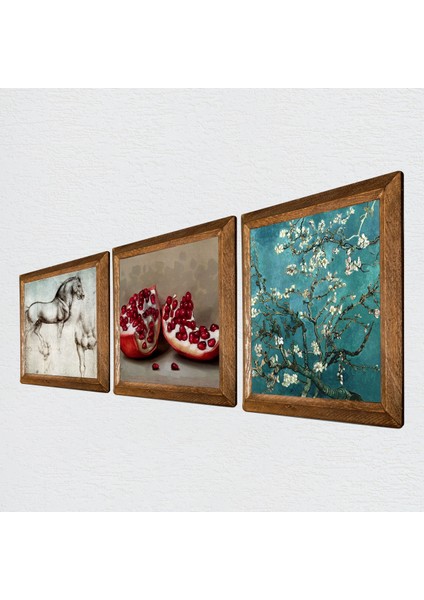 Van Gogh Badem Ağacı, Leonardo da Vinci At Heykeli, Nar Taş Duvar Tablosu Ahşap Çerçeveli Duvar Dekoru 3 Parça Tablo Seti Wall Art W3-1293