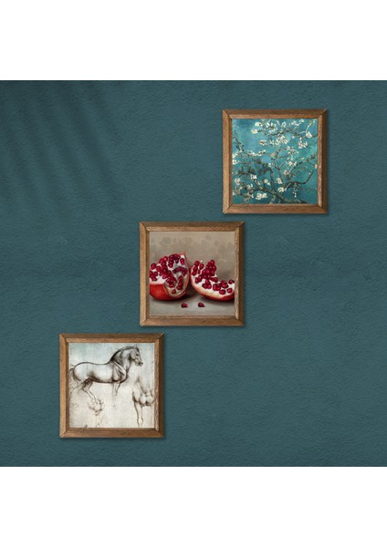 Van Gogh Badem Ağacı, Leonardo da Vinci At Heykeli, Nar Taş Duvar Tablosu Ahşap Çerçeveli Duvar Dekoru 3 Parça Tablo Seti Wall Art W3-1293