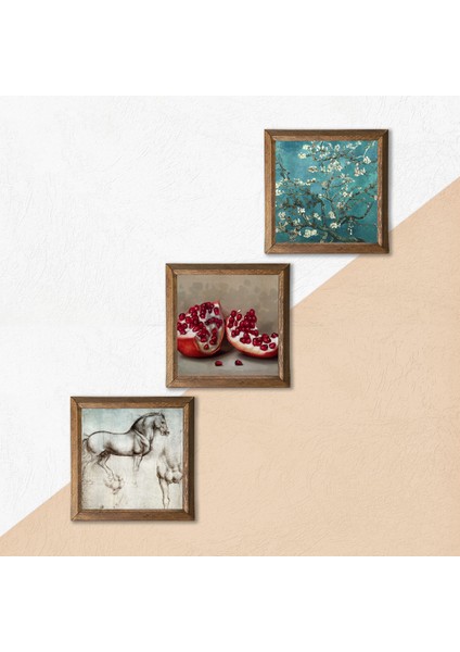 Van Gogh Badem Ağacı, Leonardo da Vinci At Heykeli, Nar Taş Duvar Tablosu Ahşap Çerçeveli Duvar Dekoru 3 Parça Tablo Seti Wall Art W3-1293
