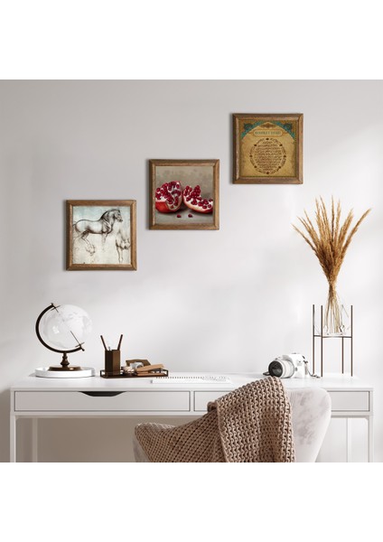 Bereket Duası, Nar, At Ahşap Çerçeveli Taş Duvar Tablosu 3’lü Set – 25x25 cm Dekoratif Modern Sanat – Ev ve Ofis Dekoru |W3-1306|