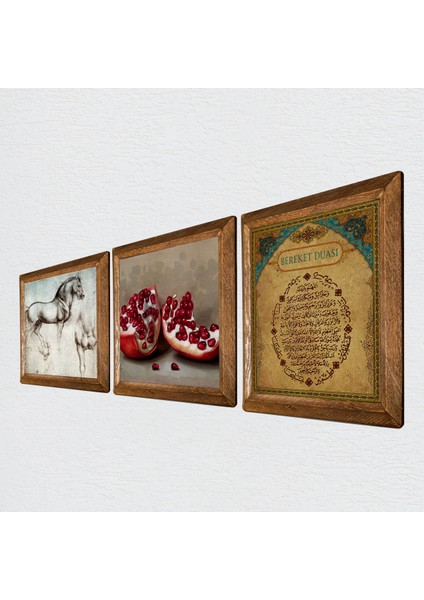 Bereket Duası, Nar, At Ahşap Çerçeveli Taş Duvar Tablosu 3’lü Set – 25x25 cm Dekoratif Modern Sanat – Ev ve Ofis Dekoru |W3-1306| fiyatları