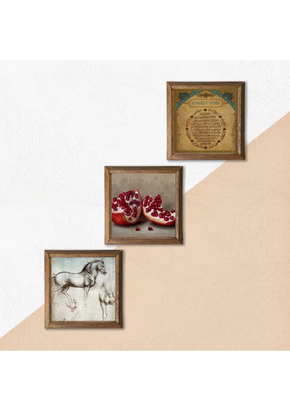 Bereket Duası, Nar, At Ahşap Çerçeveli Taş Duvar Tablosu 3’lü Set – 25x25 cm Dekoratif Modern Sanat – Ev ve Ofis Dekoru |W3-1306| indirimleri