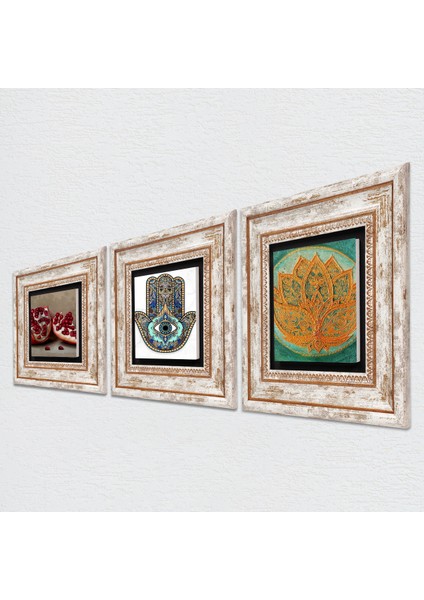 Stone Lotus Çiçeği, Nar, Fatma Ana Eli (Hamsa) Çerçeveli Taş Duvar Tablosu 3’lü Set - Dekoratif Modern Sanat, Ev ve Ofis Dekoru |TK3-750| fiyatları