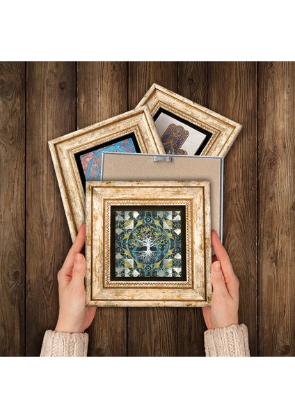 Hayat Ağacı, Nazar, Lotus Çiçeği, Şahmeran Çerçeveli Taş Duvar Tablosu 4’lü Set - Dekoratif Modern Sanat, Ev ve Ofis Dekoru |TK4-1031| modelleri