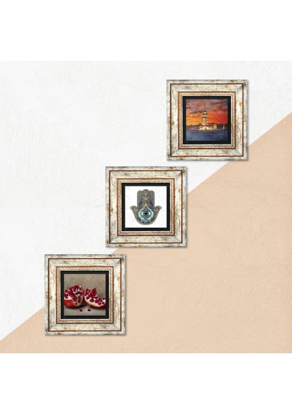 İstanbul Kız Kulesi, Nar, Fatma Ana Eli (Hamsa) Taş Duvar Tablosu Çerçeveli Duvar Dekoru 3 Parça Tablo Seti Wall Art T3-723